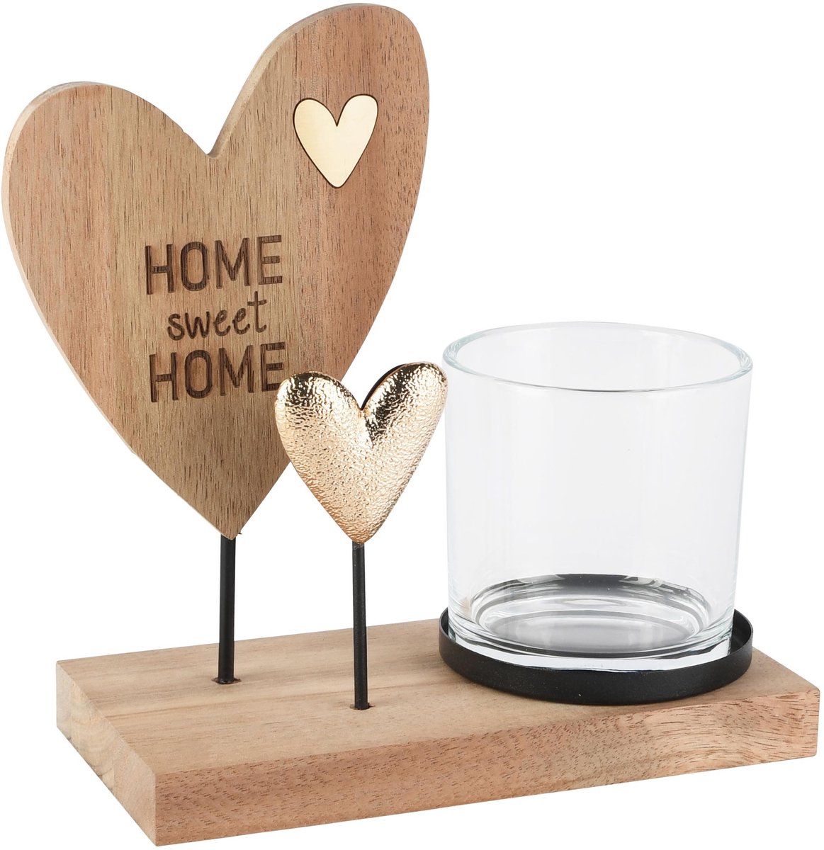 Dekoratief | Theelichthouder 'Home Sweet Home, naturel, hout/glas, 15x9x18cm | A265209