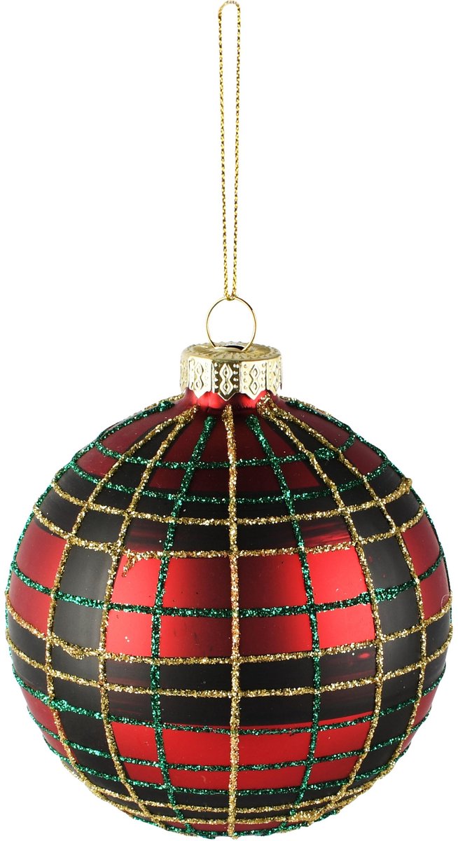 Dekoratief | Hanger bal m/ruitjes, rood/groen/goud, glas, 8x8x8cm | A265992