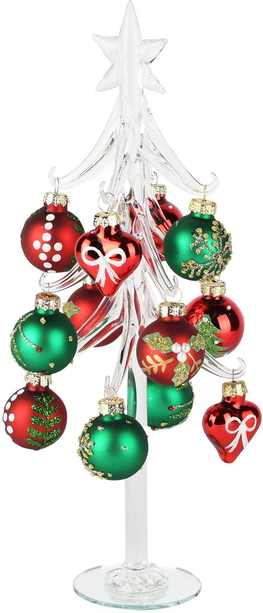 Dekoratief | Kerstboompje m/balletjes, transparant/rood/groen, glas, 10x10x27cm | A265647
