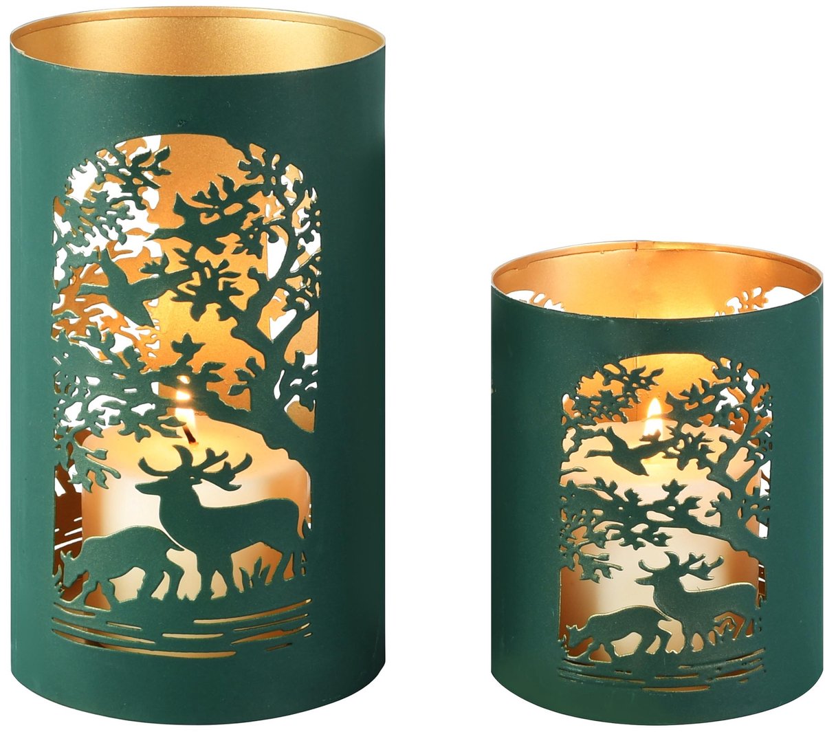 dekoratief Set 2 Waxinelichthouders 'Mystic Wild', groen/goud, metaal, 12x12x20cm | A268078