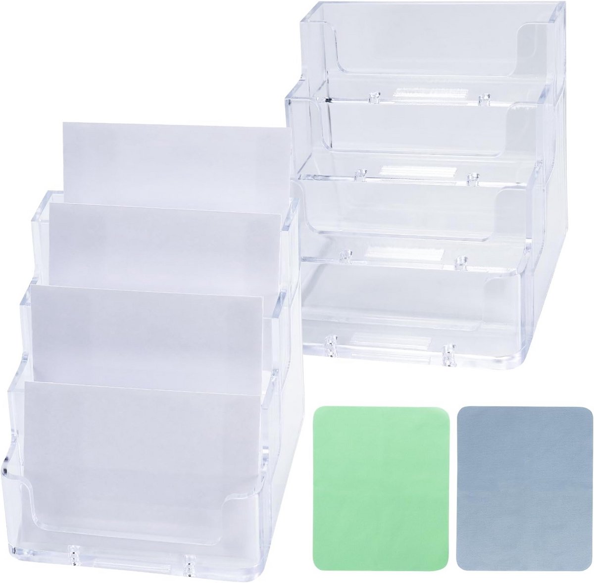 Set of 2 Transparent Acrylic Business Card Holders, Business Card Stand with 4 Compartments for Business Cards, Office Hotels and Work Plans Holder