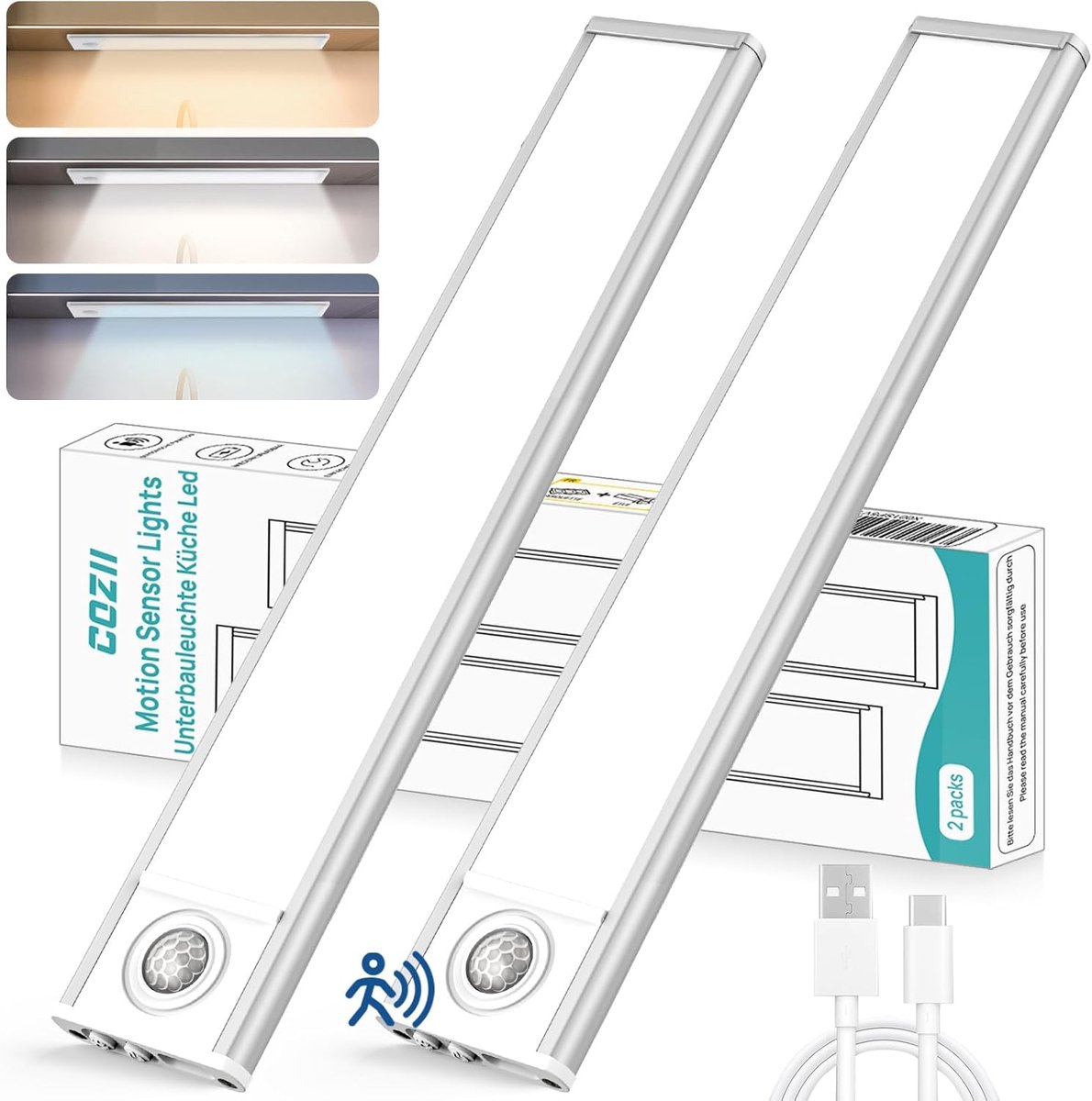 LED Kastverlichting met Bewegingssensor - Oplaadbaar en Dimbaar - 2 Stuks