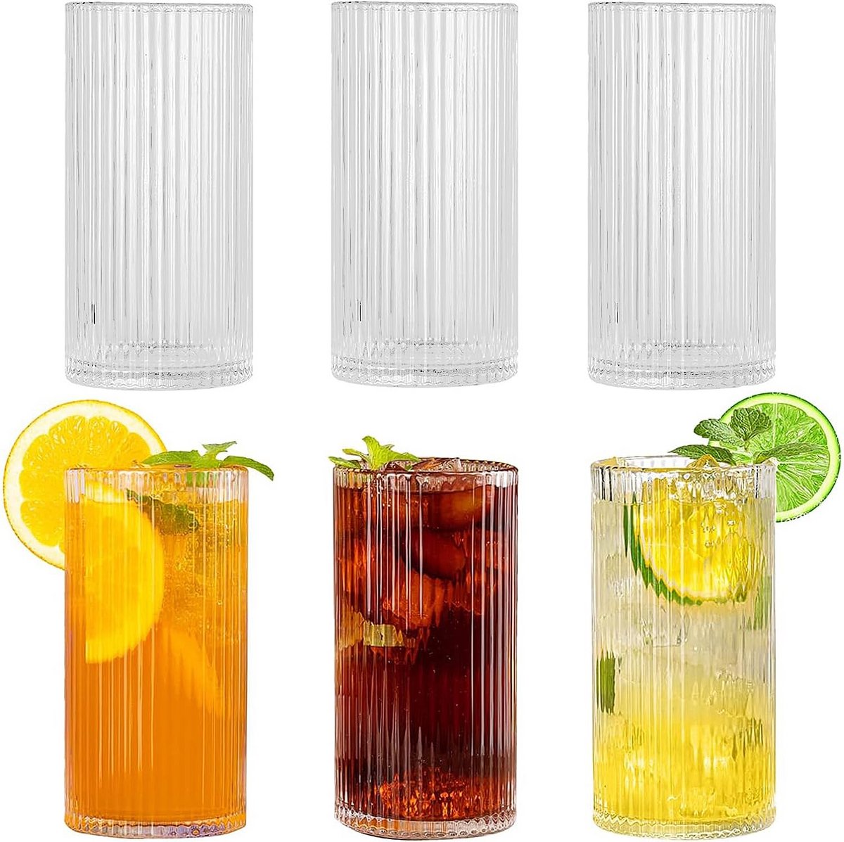 Geribbeld glaswerk set van 6 – vintage highball glazen 395 ml met rietjes, gecanneleerd ontwerp voor sap, water en koffie, vaatwasmachinebestendig