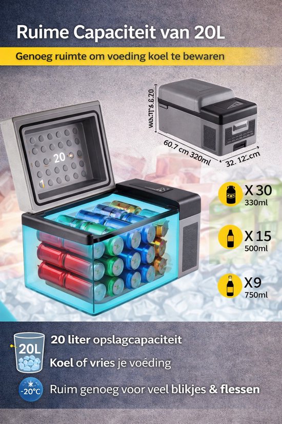 Jurrys Draagbare vriezer - 60cm x 26cm x 32cm - Autovriezer - Camping - Lichtgewicht - 15L - Mini koelkast - 45W - 12/24 Volt - Grijs - Outdoor - koelen tot -20 van Jurrys — afbeelding 3