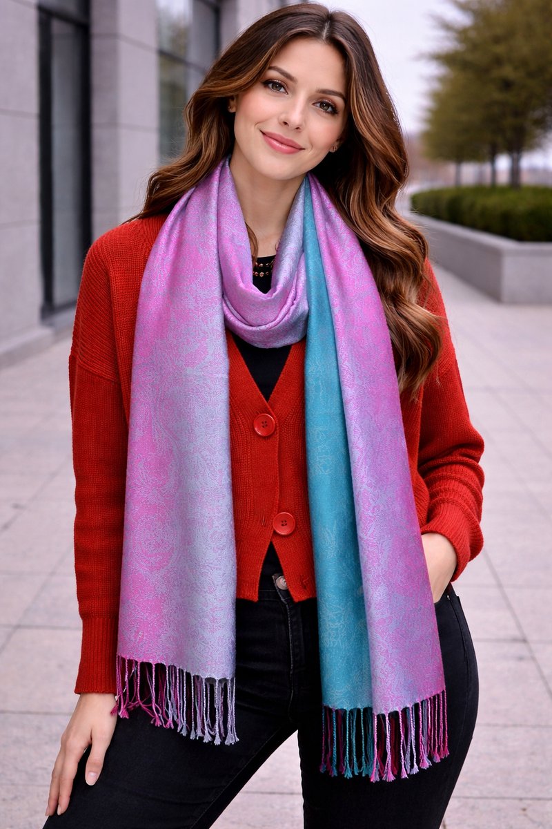 Pashmina Sjaal Dames – Luxe Paisley Sjaal – Zachte Warme Omslagdoek – Elegante Dames Sjaal met Franjes – Fijn geweven trendy Sjaal- Tweezijdige omslagdoek – Verkrijgbaar in Verschillende Kleuren 212/3- Groen met Paars details