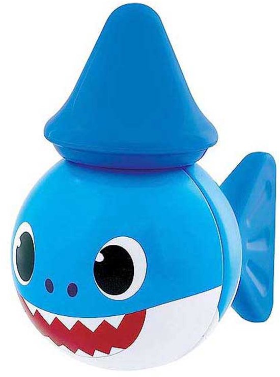 Blauwe Baby Shark met witte buik, scherpe tanden en een blauwe puntmuts.