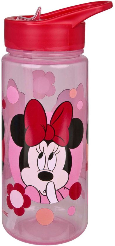 Roze drinkfles met Minnie Mouse en bloemenprint. De fles heeft een rood rietje.