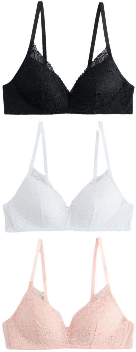 Next Dames - Set van 3 kanten beha's zonder beugel met vullingen - Zwart Black/Pink/White