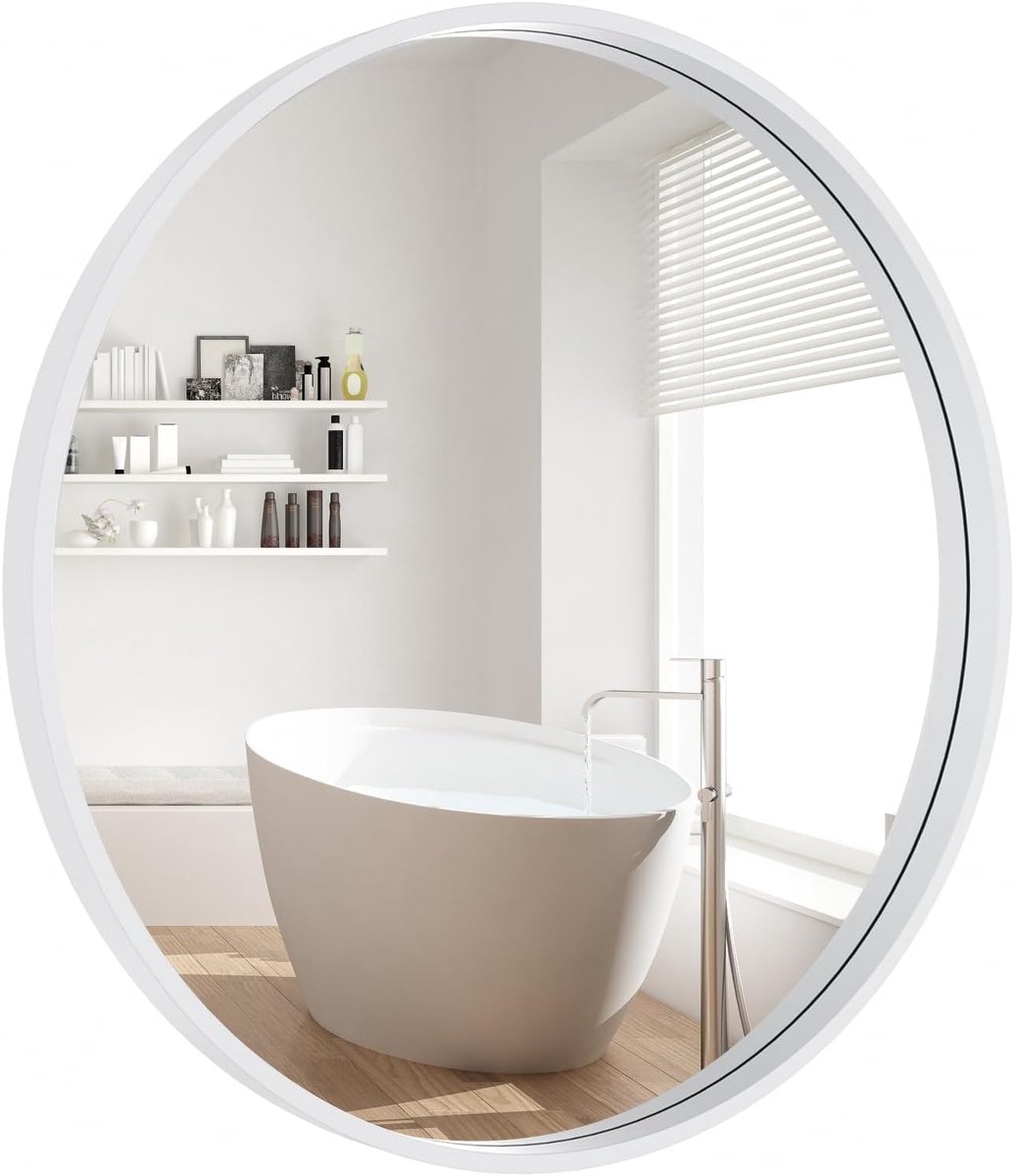 Houten Wandspiegel - Ronde Spiegel - Badkamer Decoratie - Massief Dennenhout Frame - 61x61cm - Wit