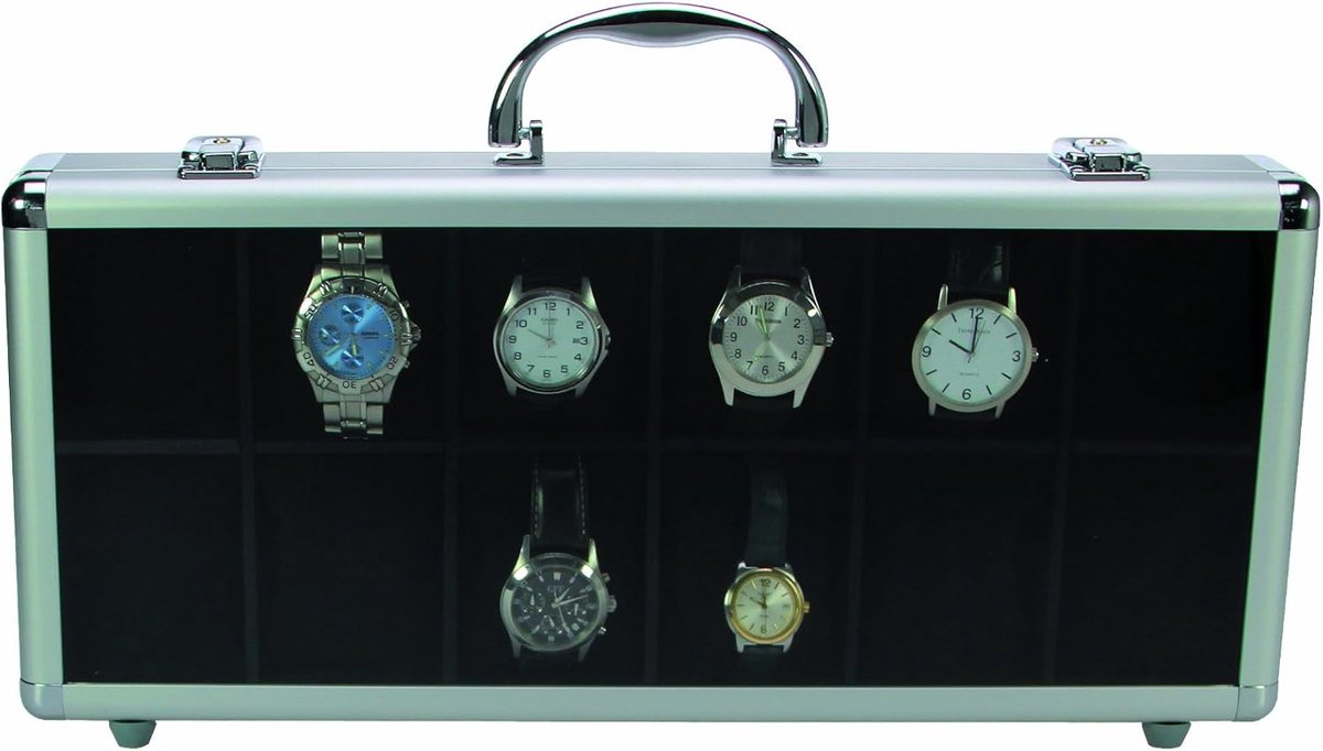 Horloge Koffer - Verzamelaar Artikel - Veilig Opbergen - 12 Vakken - 43cm Breed - Aluminium Transparant