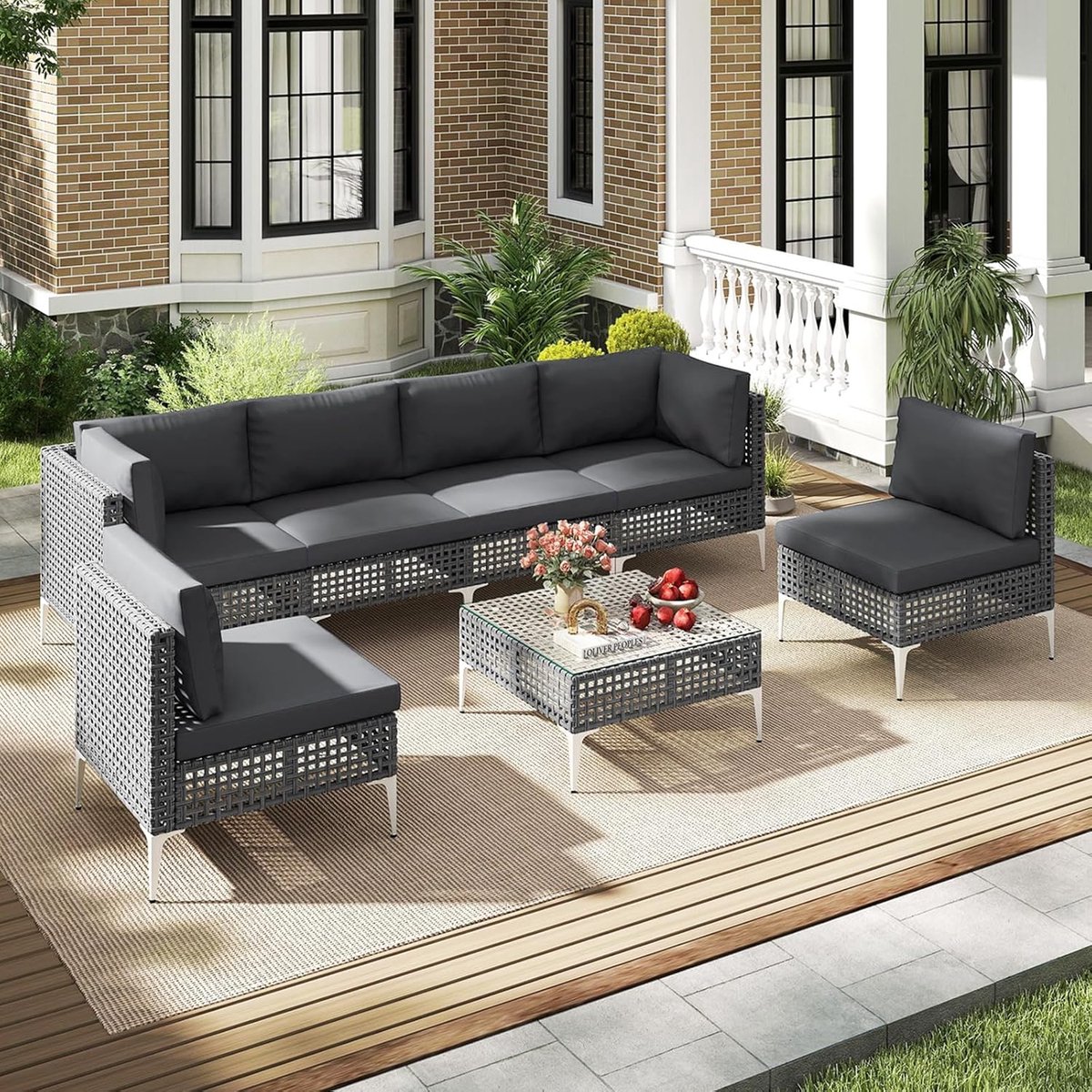 Valencia Modulaire Loungeset 7-Delig - XXL Luxe Rotan Tuinset met Salontafel en Premium Kussens - Weerbestendig Polyrattan - Grijs - Hoekmeubel 67x67x67cm / Tafel 66x66x33cm