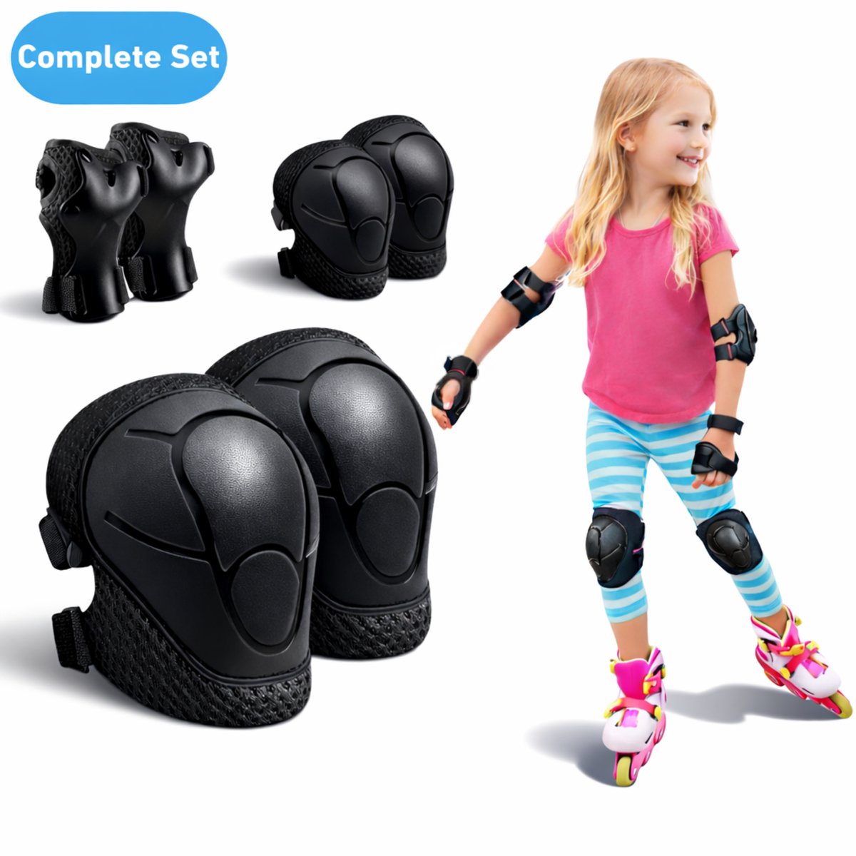 Hunta® Skate Beschermset Kinderen Beschermers Skeelers & Skates Valbescherming met Kniebeschermers Polsbeschermers en Elleboogbeschermers Verstelbare Skeeler Bescherming Skateboard & Rolschaatsen Skeeleren en Skaten voor Kind Zwart