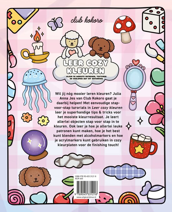 Club Kokoro leer gezellig kleuren: voorkant en achterkant van een kleurboek met een schattige hond, poedel, paddenstoel, lolly, kersen en de tekst 'Leer Cozy Kleuren'.