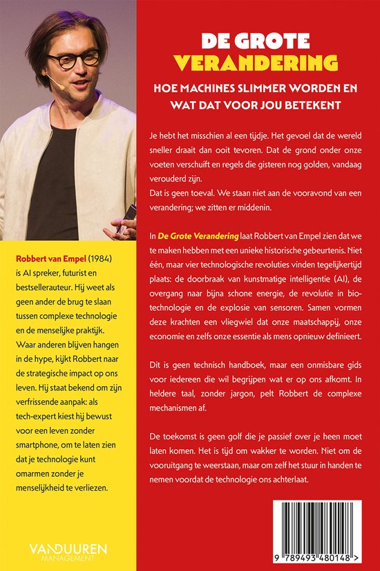 Portret van Robbert van Empel, spreker, futurist en bestseller auteur. Gele achtergrond met tekst in het Nederlands.