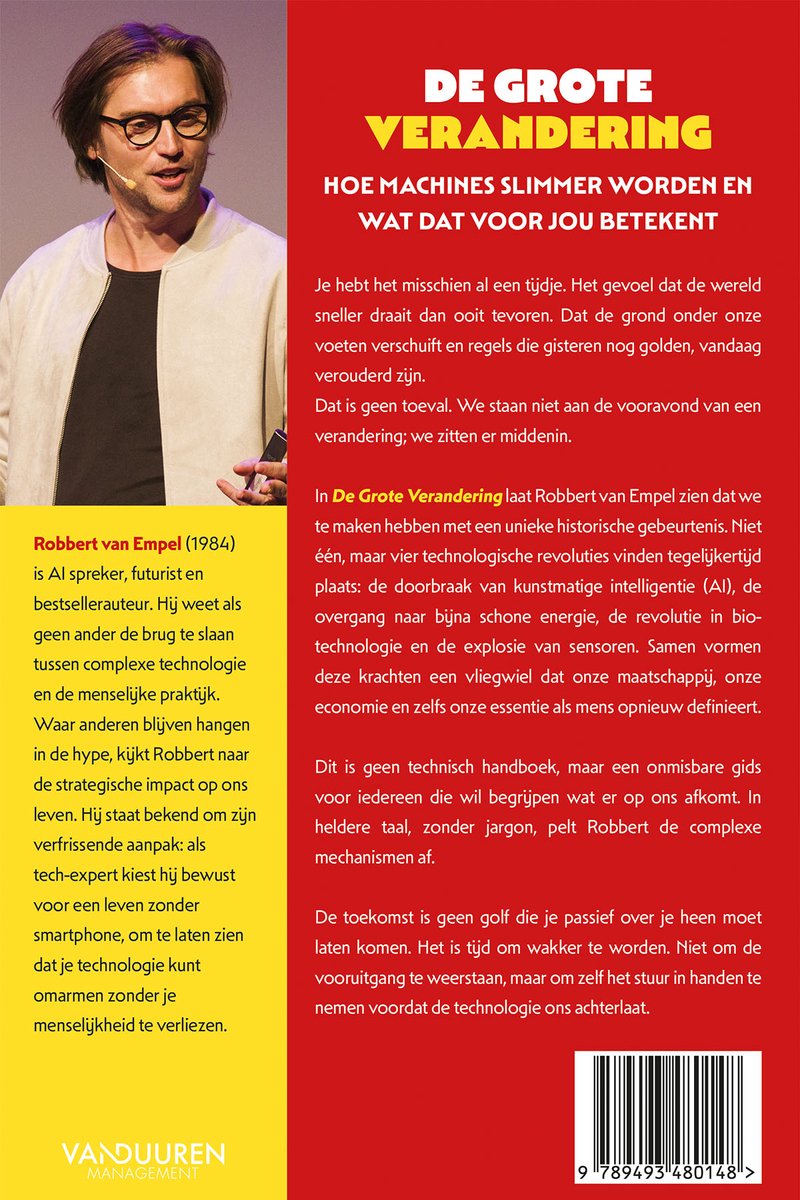 Portret van Robbert van Empel, spreker, futurist en bestseller auteur. Gele achtergrond met tekst in het Nederlands.