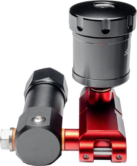 Een zwart en rood hydraulisch remsysteem reservoir met een cilindervormige zwarte dop.
