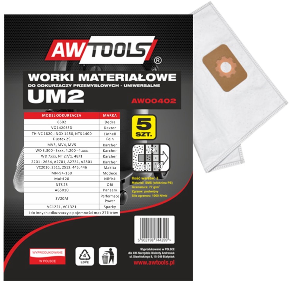AWTools - Microvezel Stofzuigerzakken - 5 Stuks - Trifiltratie - Makita VC2010 Compatibel