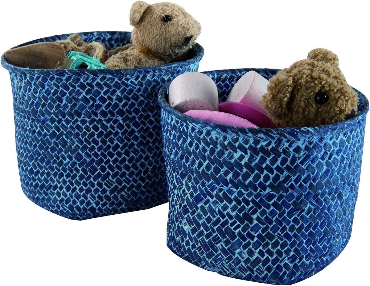 Manden Set - Opbergmanden - Kleine Spullen Opbergen - Handgevlochten Uniek Design - 14x11cm en 16x12cm - Jeans Blauw