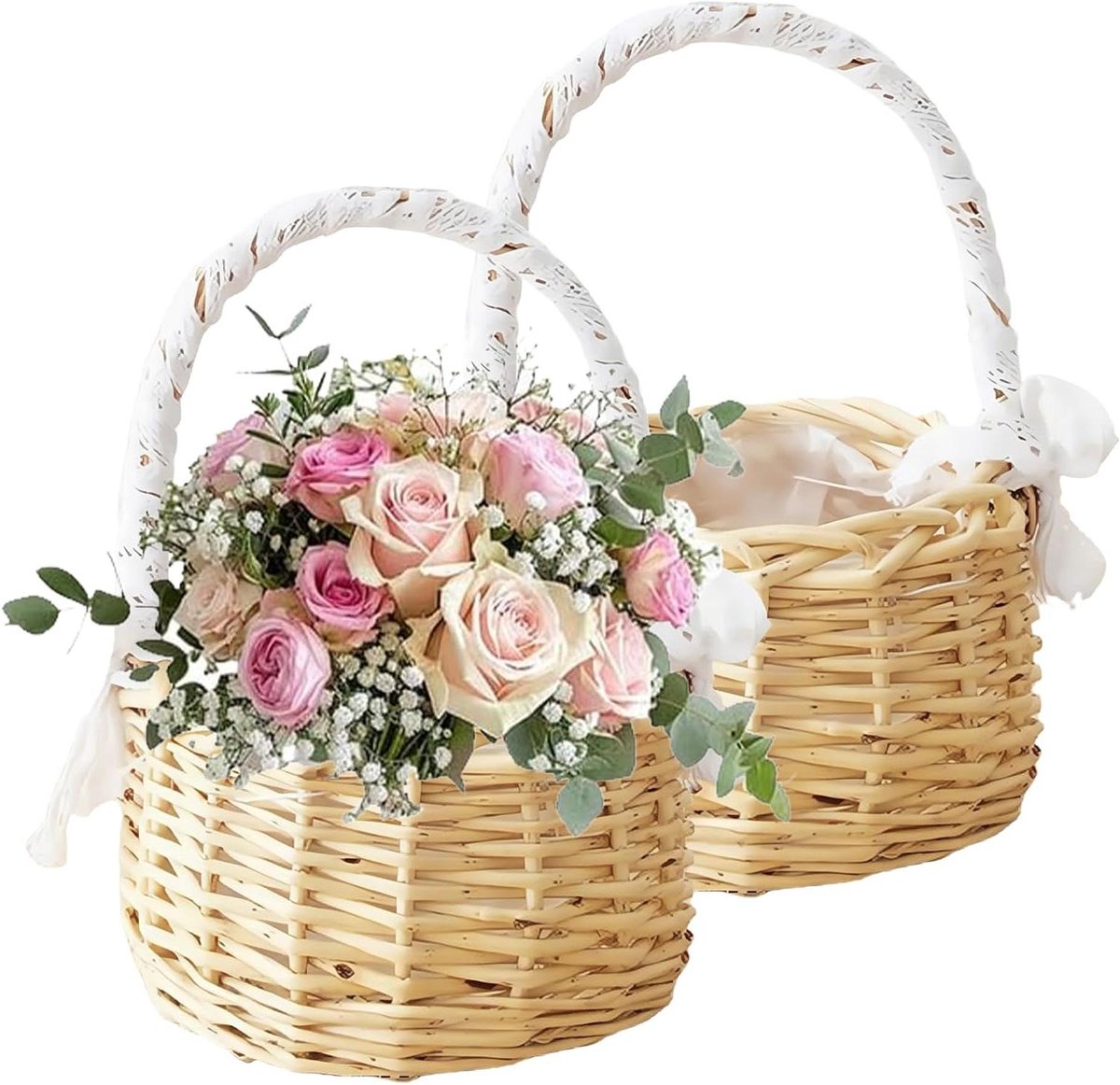 Set van 2 bloemenmanden, voor bruiloft, met handvat, mini bloemenmand, gevlochten paasmanden met handvat, kleine rieten mand, gevlochten met handvat, voor feestjes, festivals