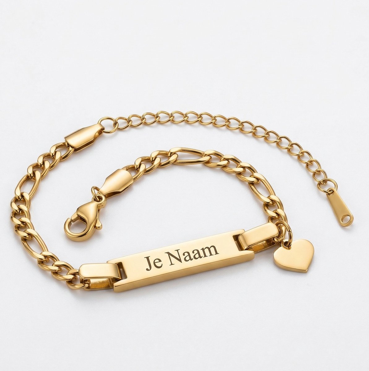 Armband met graveer, Armband met naam, Armband - gepersonaliseerd - goudkleurig - met hartbedel - gebogen naamplaatje - schakelarmband - verstelbaar, Armband met naamplaatje ,graveerarmband