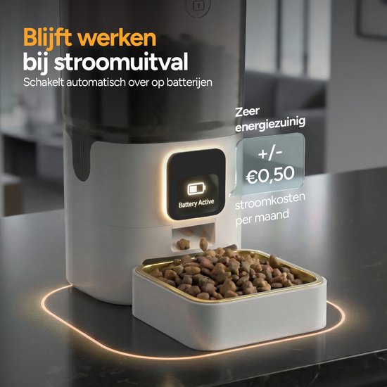 Automatische voerbak 6L schakelt bij stroomuitval over op batterijen, 'Battery Active'.