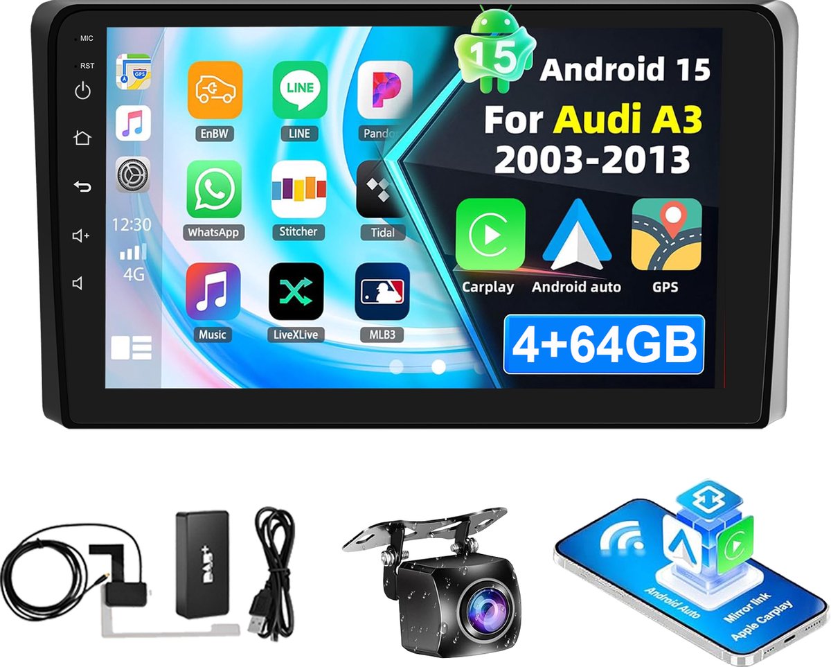 ESSGOO DAB+ Autoradio - geschikt voor Audi A3 8P 2003 t/m 2013 - Android 15 - 4+64GB - Apple CarPlay & Android Auto - Bluetooth, GPS, WiFi, FM, RDS, 9-inch Touchscreen - Achteruitrijcamera