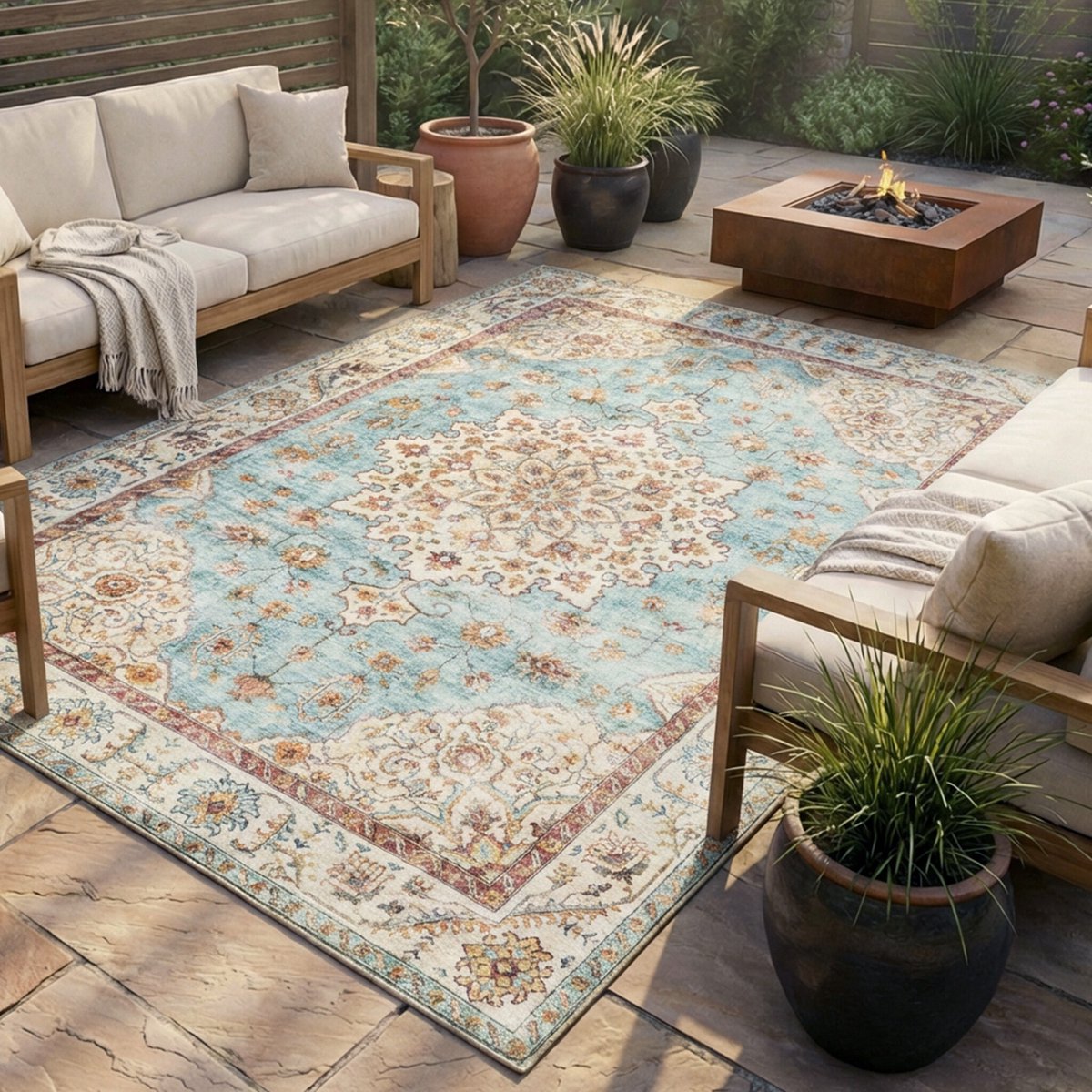 Fraai Vintage buitenkleed - Santo Medaillon Lichtblauw - 160x230cm
