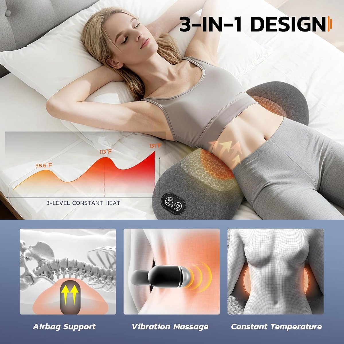 CHIRIAC HOME SOLUTIONS S.R.L. 3-in-1 elektrisch rugmassagekussen, oplaadbaar lendensteunkussen met warmte thumbnail 2