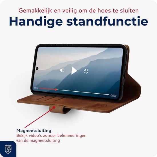 Bruin lederen telefoonhoesje met magneetsluiting, in standfunctie voor video's.