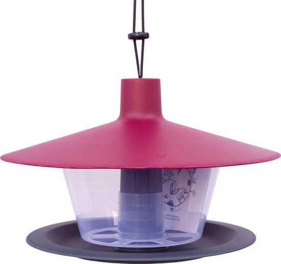 Wijnrood vogelvoederhuisje van Plastia met transparante container, met decoratie aan binnenkant.