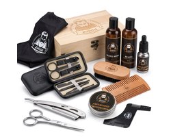 Zudoo's Baard verzorging set - 20delig - Baardolie - shampoo - Balsem - Conditioner - Baardkam - Baardborstel - Schaar - Nagelset (7delig) - Scheermes - Shaper - inclusief Schort - Opbergzak - Baardgroei - Geschenkset - Cadeau Box uit Hout
