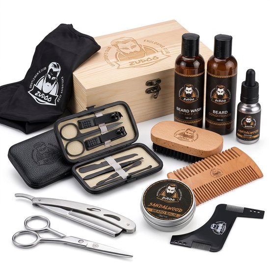 Zudoo's Baard verzorging set - 20delig - Baardolie - shampoo - Balsem - Conditioner - Baardkam - Baardborstel - Schaar - Nagelset (7delig) - Scheermes - Shaper - inclusief Schort - Opbergzak - Baardgroei - Geschenkset - Cadeau Box uit Hout