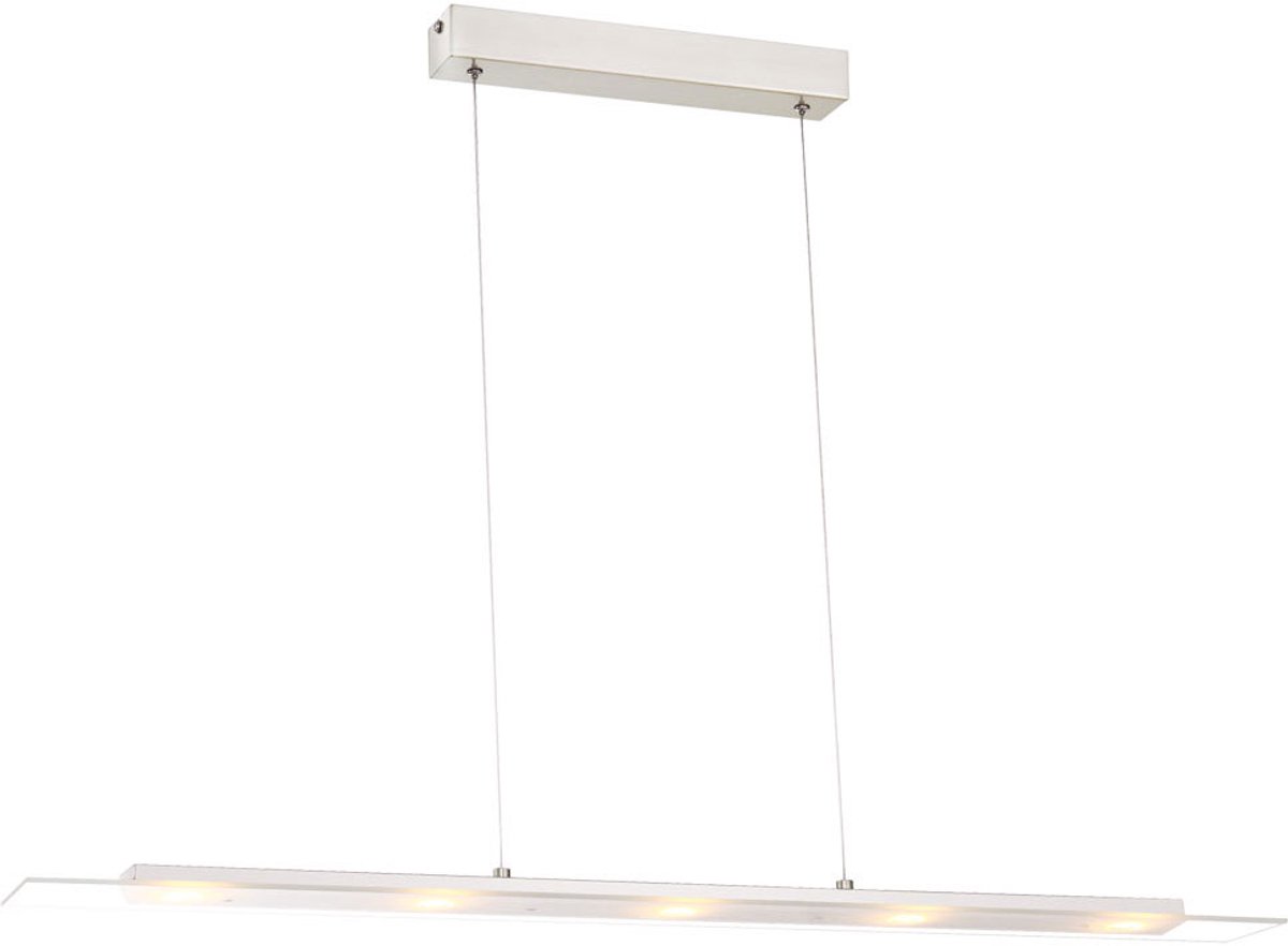 LED hanglamp gesatineerd glas eettafellamp hanglamp woonkamer, mat nikkel, 5x7W 5x560lm warm wit, LxH 95x150 cm