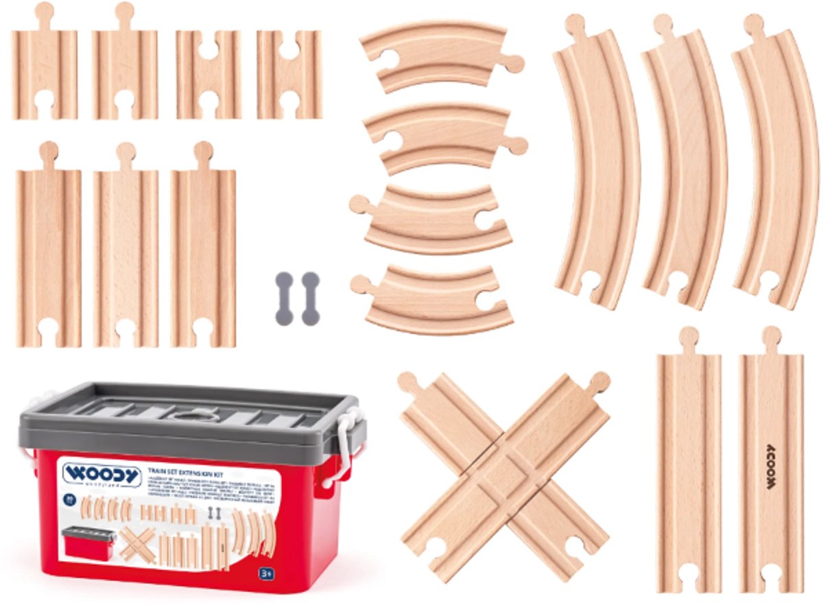Woody speelgoed treinrails set 20-delig in kunststof box multicolor.