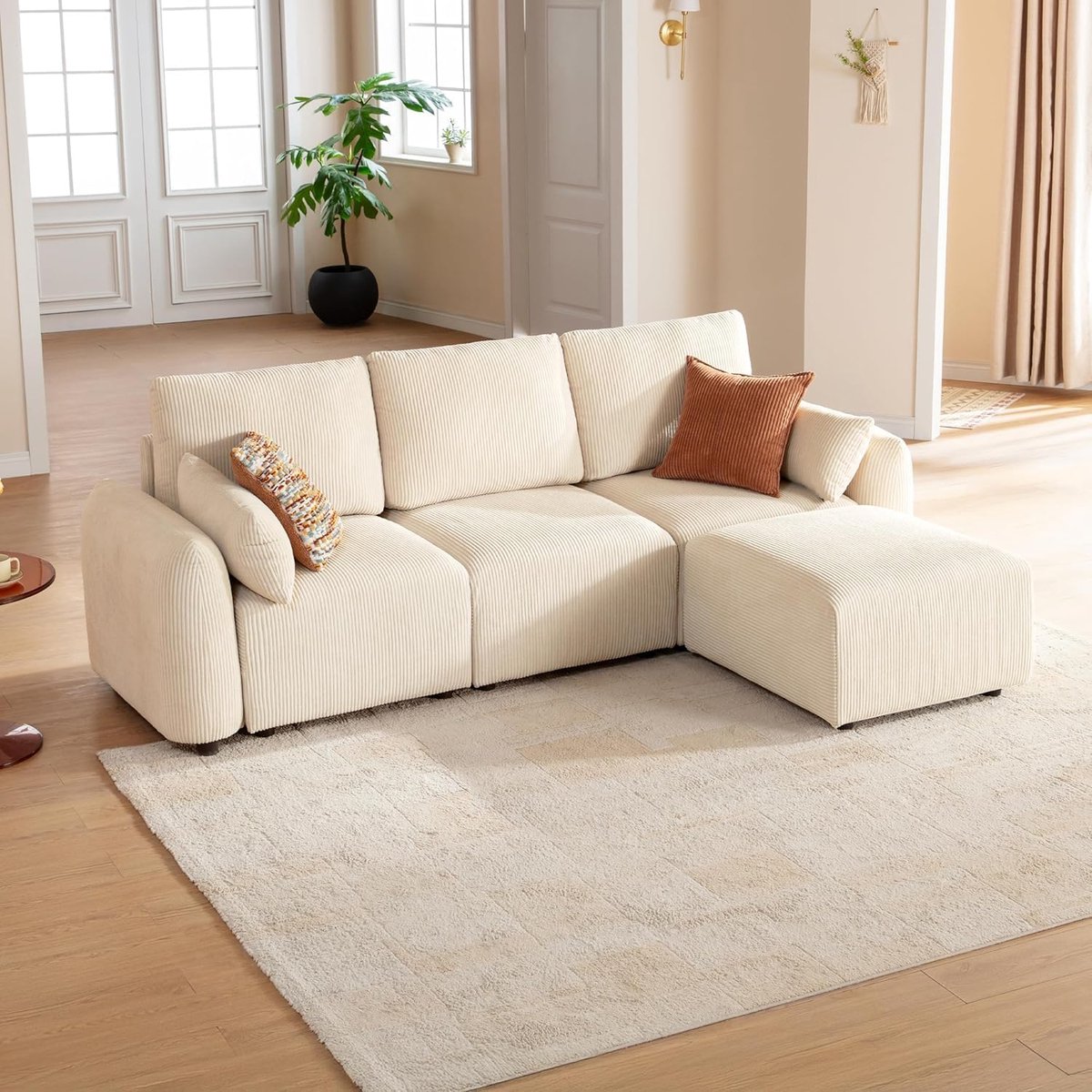 Modulaire Hoekbank L-vorm 83x70x88 cm – Corduroy Crème-Wit 4-Zits Slaapbank met Ottomane, Houten Frame & Afneembare Kussens – Moderne Bankstel Woonkamer – Laura