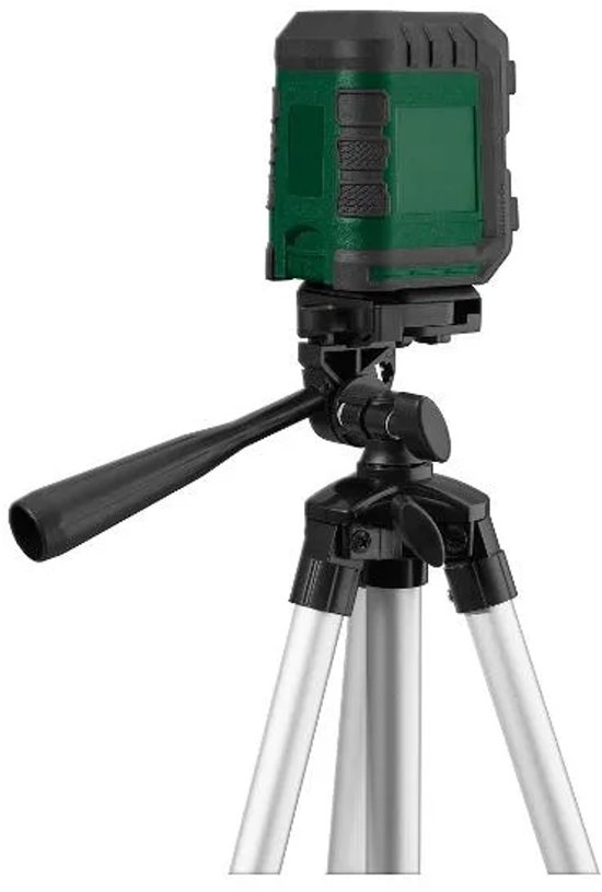 Groene en zwarte kruislijnlaser op een zilverkleurig statief.