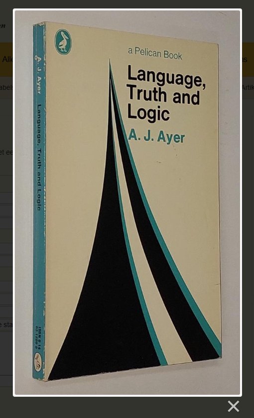 Boek "Language, Truth and Logic" van A. J. Ayer, met een beige omslag en een geometrisch patroon van zwarte en blauwe lijnen.