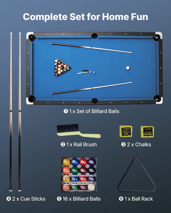 VEVOR Pooltafel 244cm met Houten Blad, Moderne Speeltafel met Verstelbare Poten, Complete Set Inclusief Ballen / Keuen / Standaard / Krijt / Borstel, Blauw van Merkloos — afbeelding 5