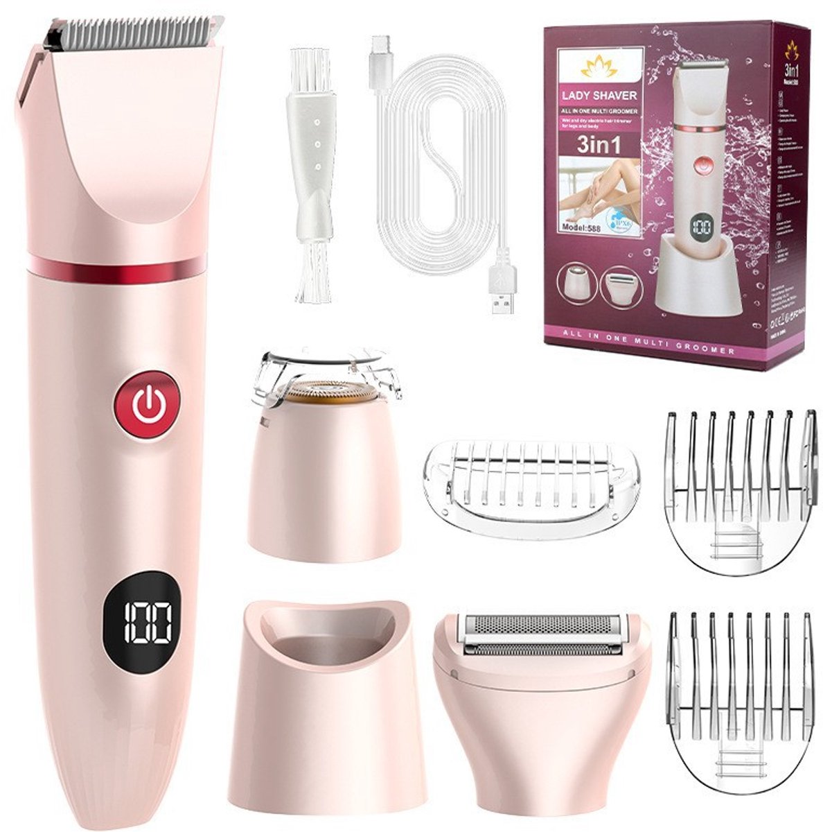 Trimmer vrouw intiem-trimmer vrouw bikinilijn -3-in-1 bikinitrimmer voor dames - Elektrisch scheerapparaat - Oplaadbare bodyhaartrimmer - Draagbare ontharingsset met afneembare onderdelen - Cadeau voor vrouwen - Roze - 13 x 19 cm — afbeelding 1