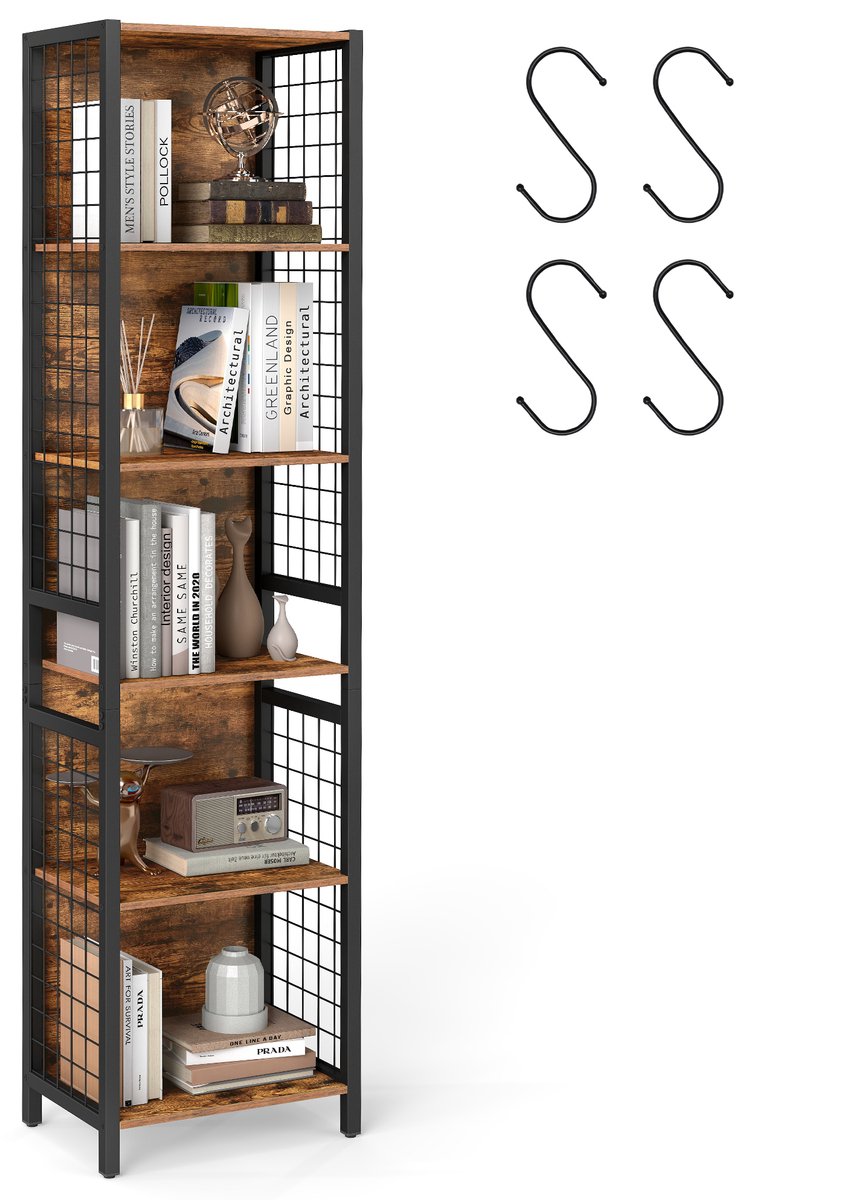 VASAGLE - Boekenkast - Met 6 Planken - 4 S-Haken - Voor Kantoor Woonkamer Werkkamer
