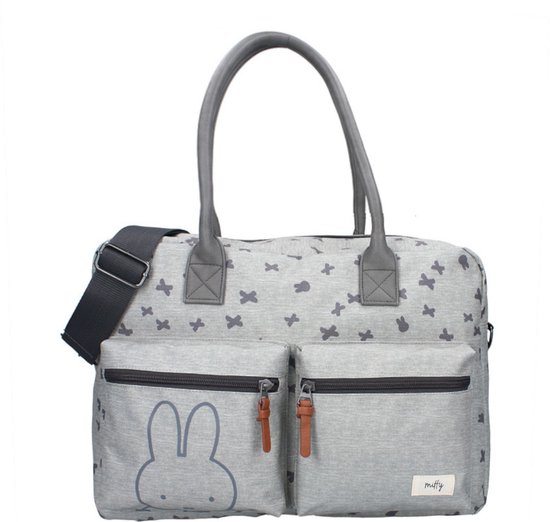 Grijze luiertas met donkergrijs vlinderpatroon, Miffy gezicht en twee voorvakken.