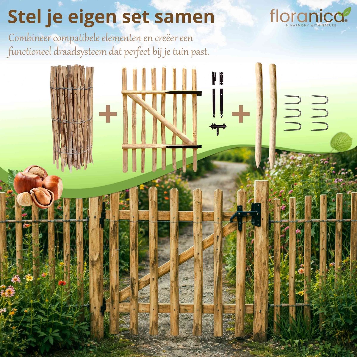 Floranica hazelaar kastanje schutting 10m lang x 50cm hoog 4-6cm afstand tussen spijlen, lage schutting voor kippen, houten tuinhek