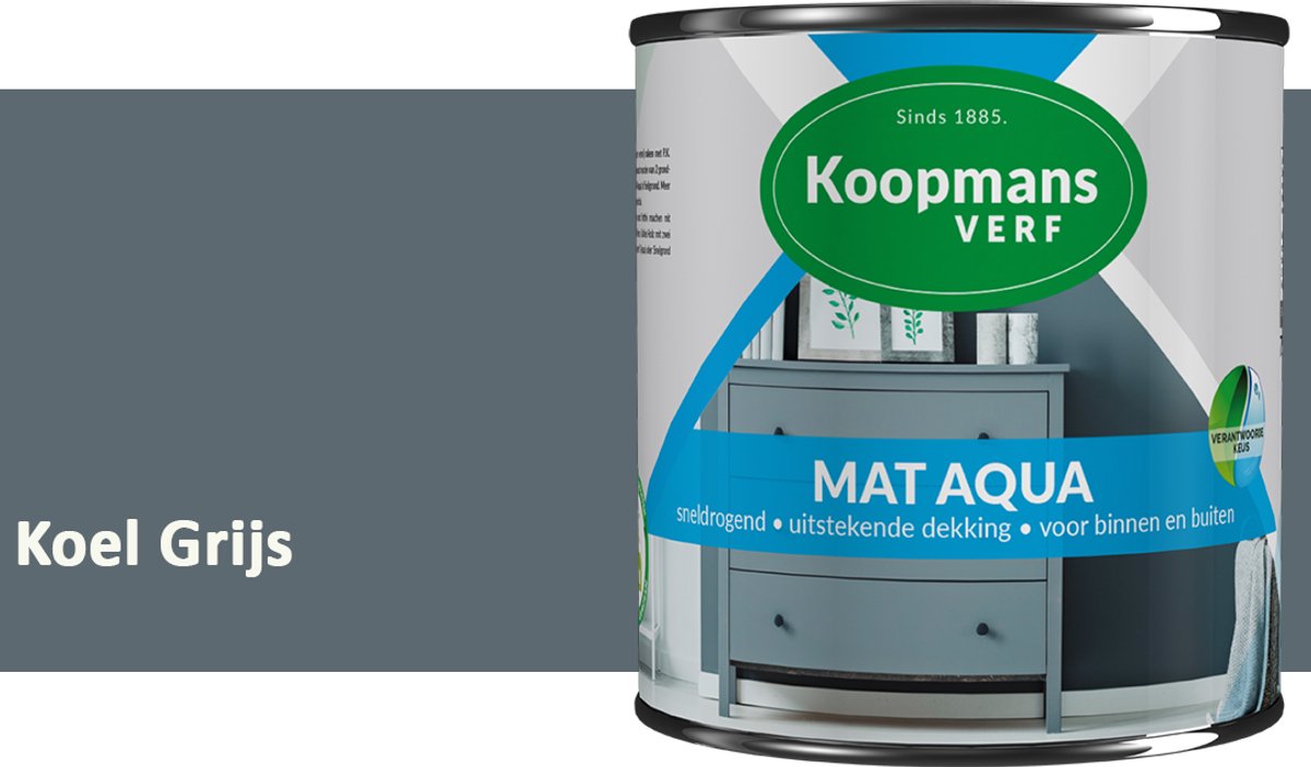 Koopmans Mat Aqua – Matte Lakverf – Streeploze Verf – Voor Deuren, Kozijnen & Meubels – Koel Grijs – 750 ml