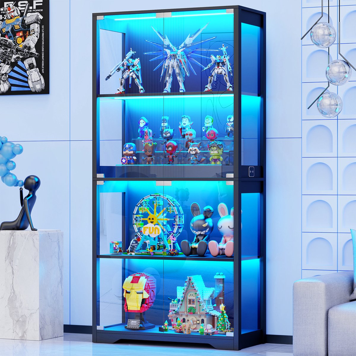 BROTTAR LED-verlichting en pop-up design glazen vitrine met slimme sensoren en 4 niveaus, woonkamer/kantoor