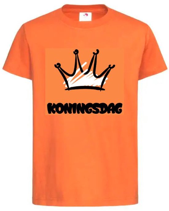 T-shirt Kinderen "KONINGSDAG" Kroon inkleuren Op Voorkant EK Voetbal Europees Kampioen Kampioenschap Oranje Koning Koningsdag | korte mouw | Oranje/zwart | maat 122/128