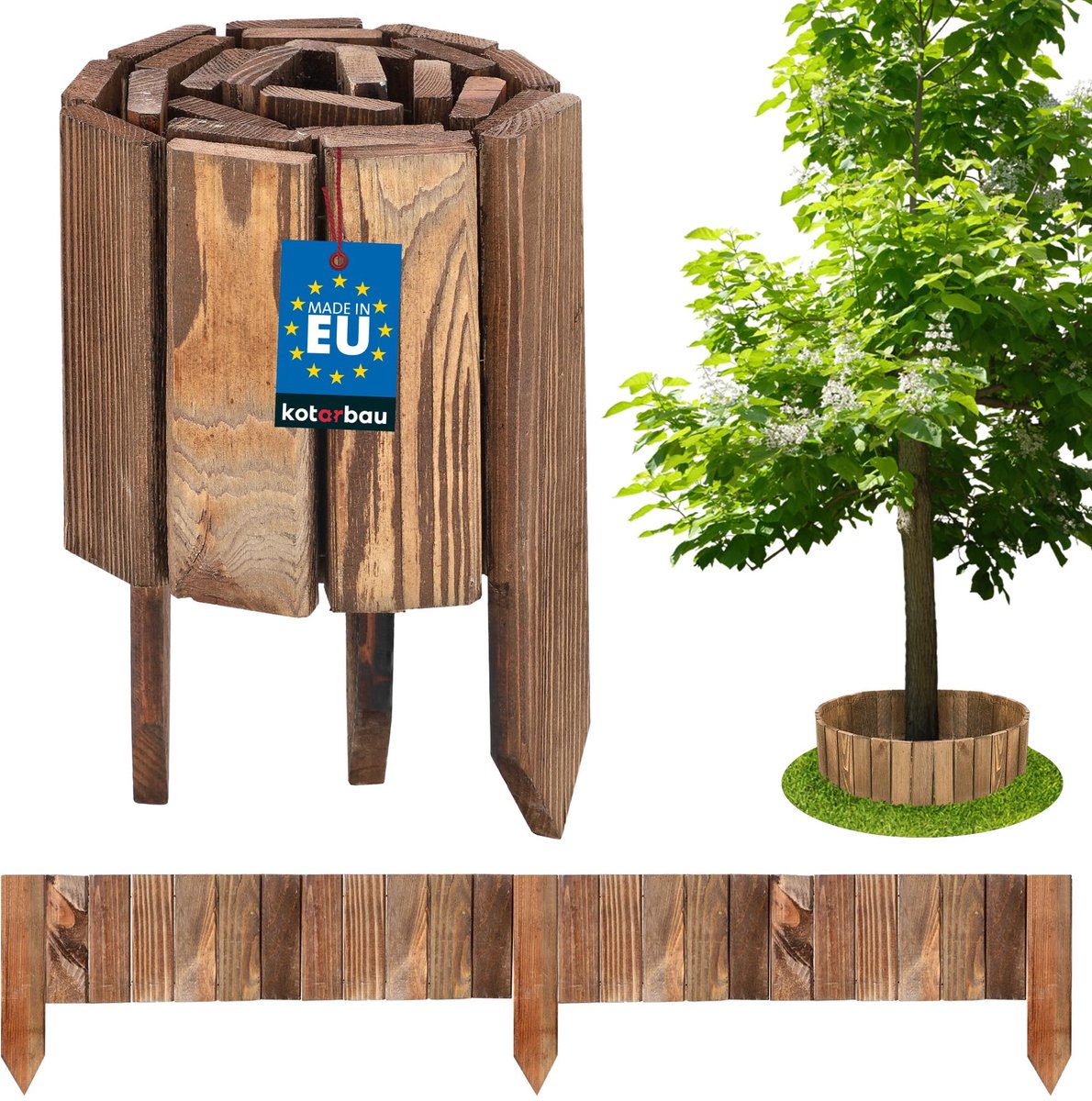 KOTARBAU® Bloembedrand, Rolborder, 110 x 15 cm, Bruin, Tuinafscheiding, Houten Tuinhek, Borderrand, Palissade, Schapenhek, Tuindecoratie