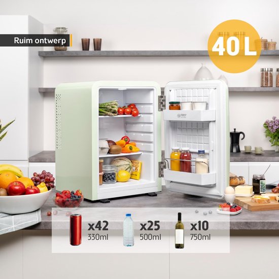 TZS First Austria - Retro Mini Koelkast 40L geruisloos - Kleine Minikoelkast in Vintage-Design met binnenverlichting & 2 deurvakken - Minibar voor camping, kantoor, slaapkamer & hotel - mint — afbeelding 4