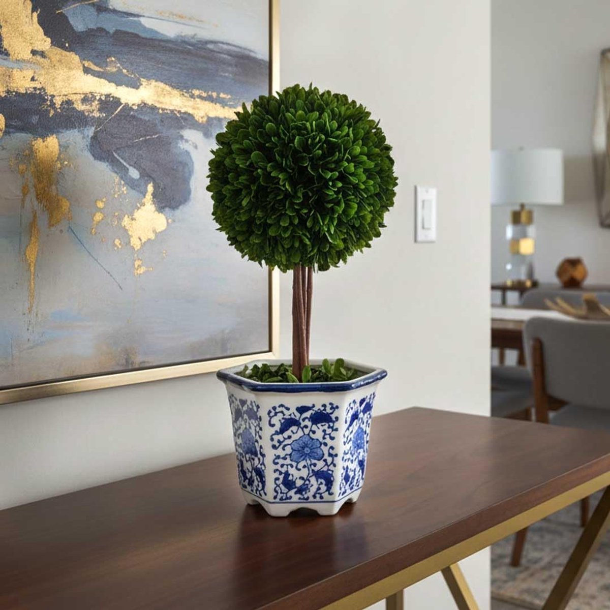 Geconserveerde Buxus Boom - Topiary Plant - Binnendecoratie - Laag onderhoud - 5.9 inch Pot - Blauw Wit