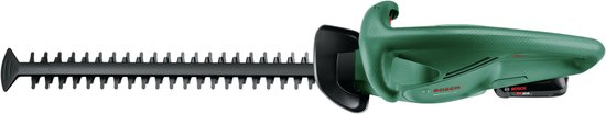 Groene Bosch heggenschaar met lange zwarte messen en een accupack.
