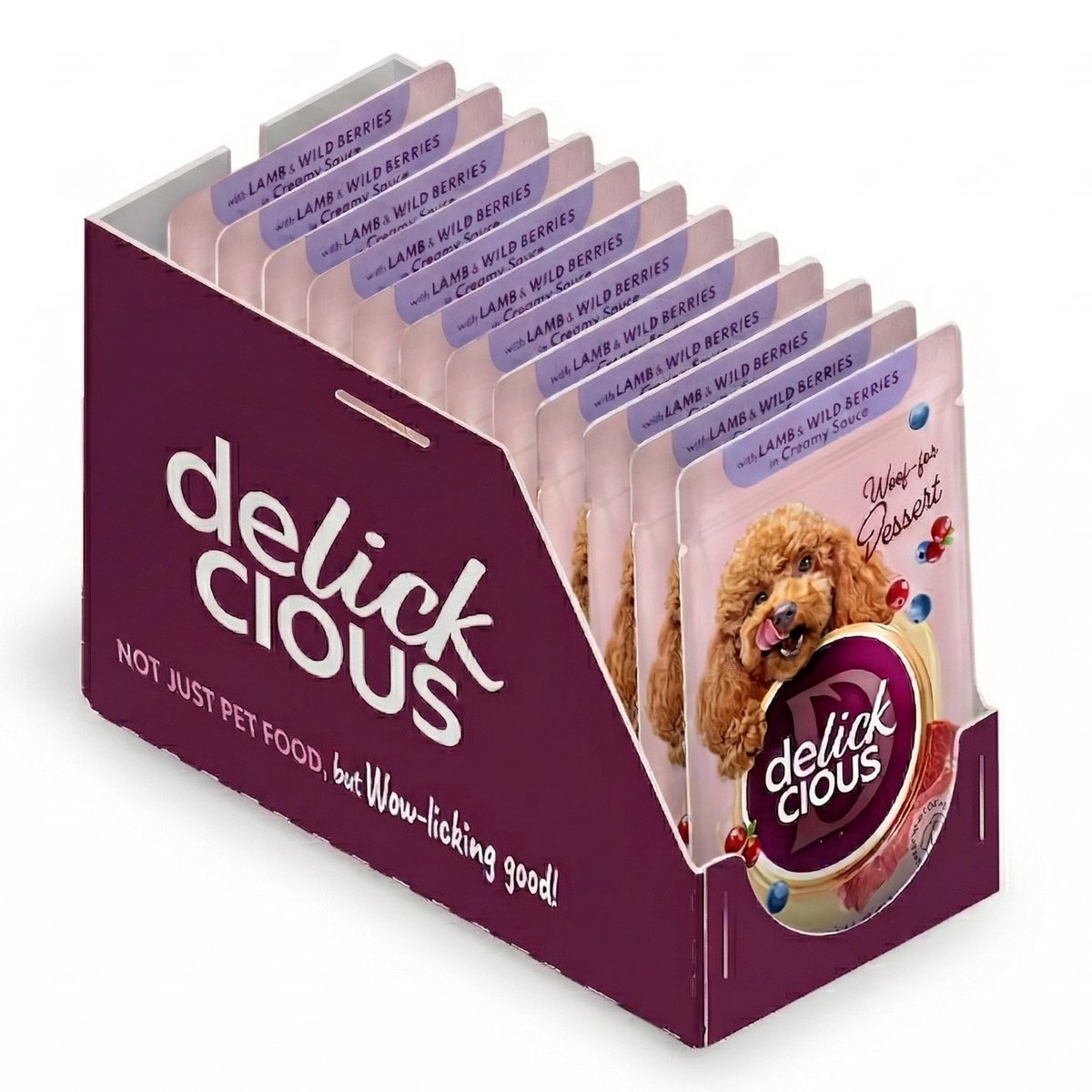 DELICKCIOUS volwassen honden natvoer vlokken met lam en wilde bessen in romige saus 12x80g